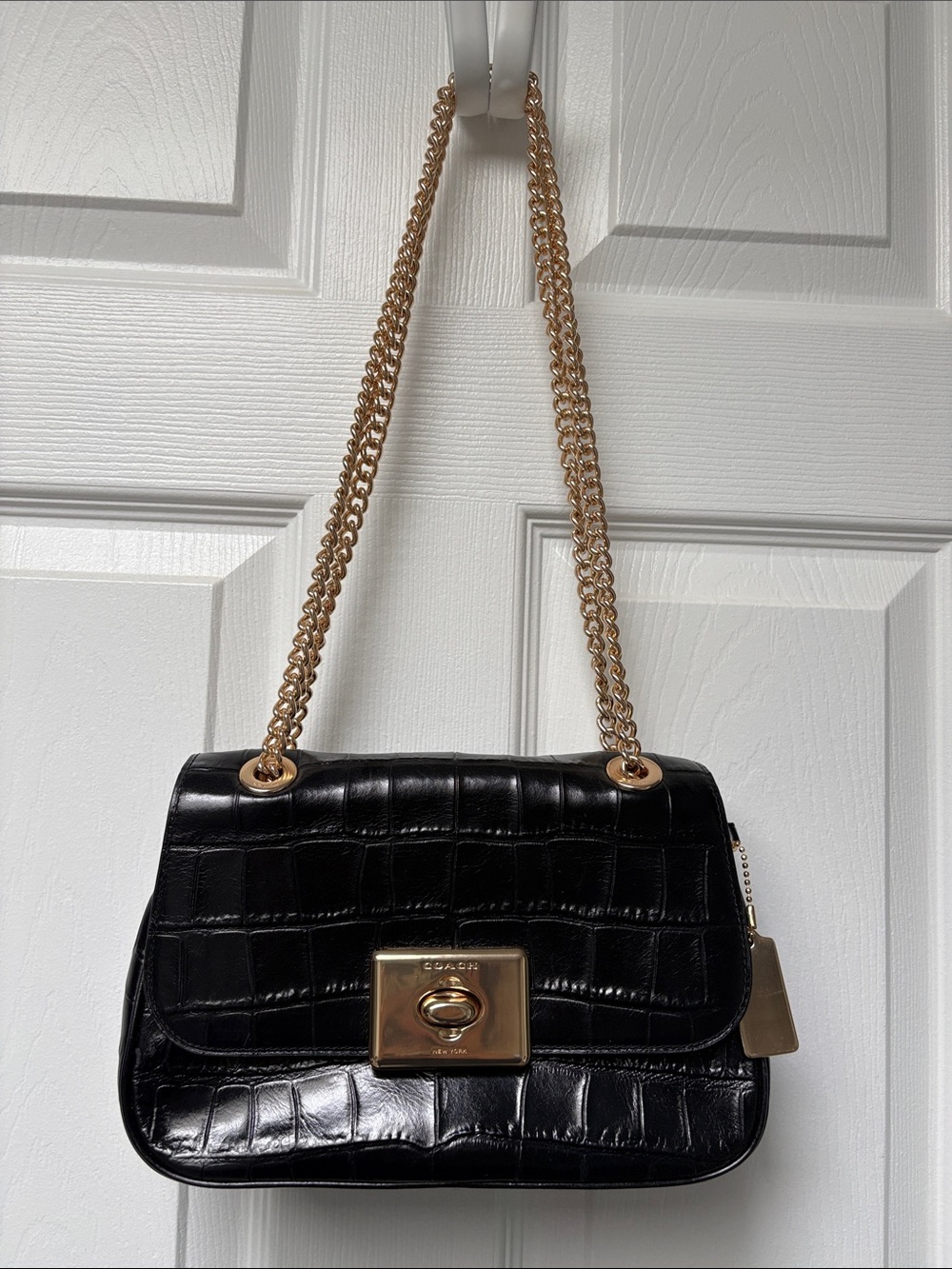 Coach Black Croc-Embossed Shoulder Bag with Gold Chain